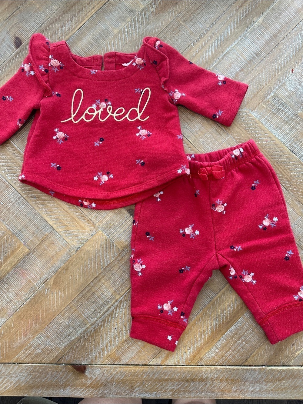 Gap Baby Girl Loved Red Floral Fleece Sweatshirt and Pants Set